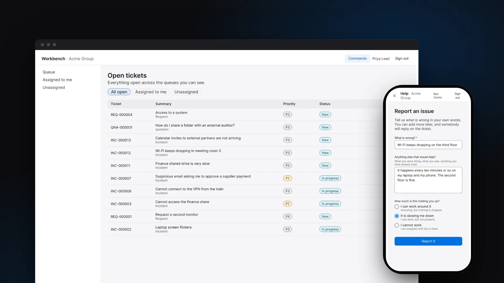 Agent workbench ticket queue on a laptop and the mobile requester portal side by side