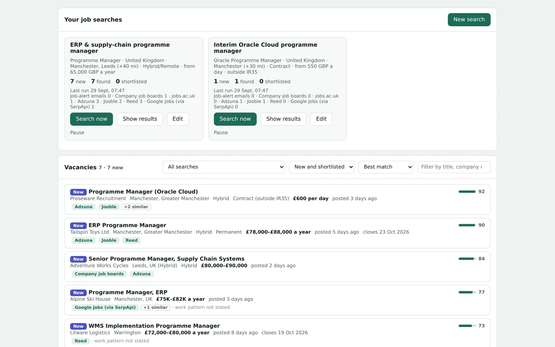 Find jobs screen with two saved searches and a ranked list of fictional vacancies tagged with the job sources they came from