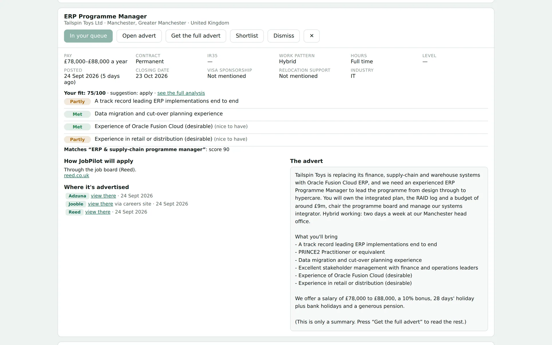 Vacancy detail for a fictional ERP Programme Manager role merged from Adzuna, Jooble and Reed, with a quick fit check and the advert text