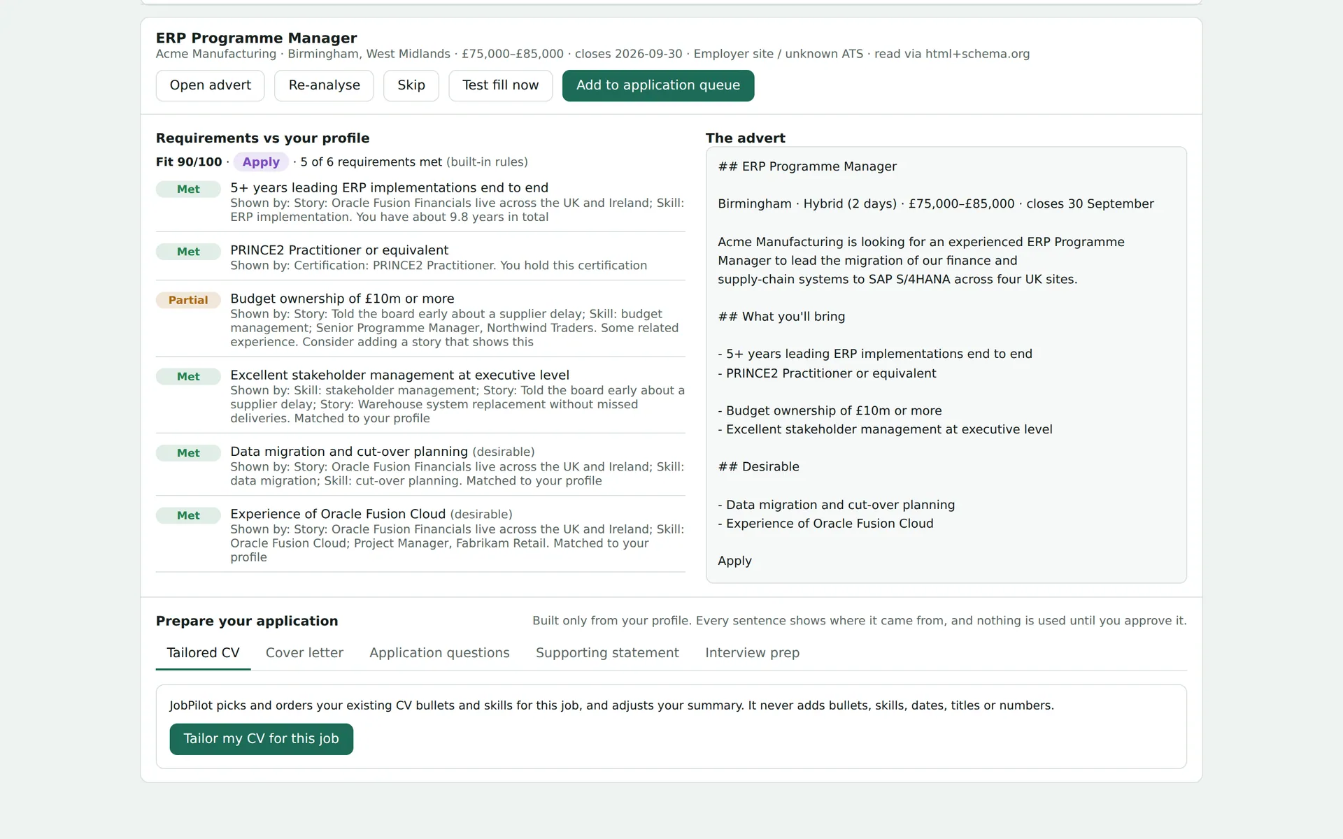 Requirements versus profile analysis showing five requirements met and one partial, each with supporting evidence