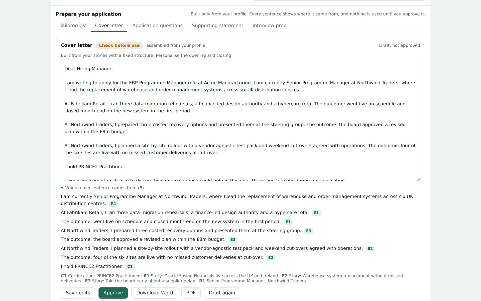 Drafted cover letter with a list of every sentence and the profile source it cites