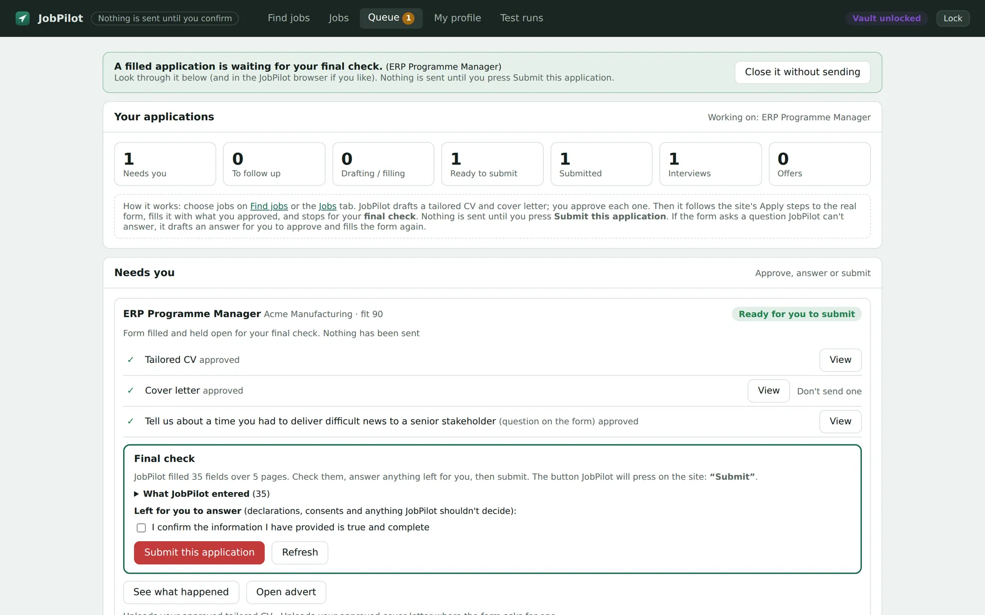 Queue screen with a filled application held for the final check, a declaration left unticked and a Submit this application button