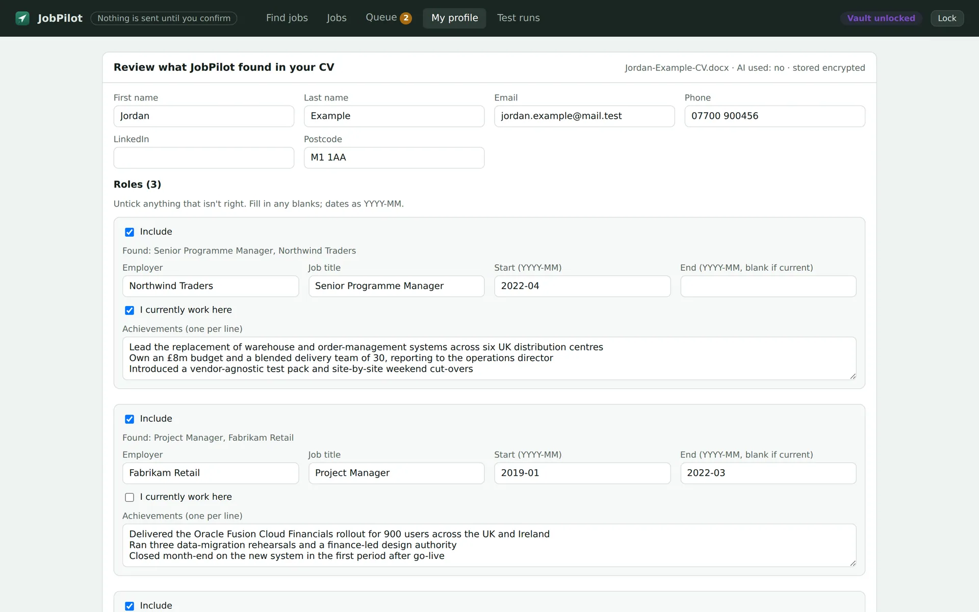 CV import review listing the name, contact details and roles read from a fictional Word CV