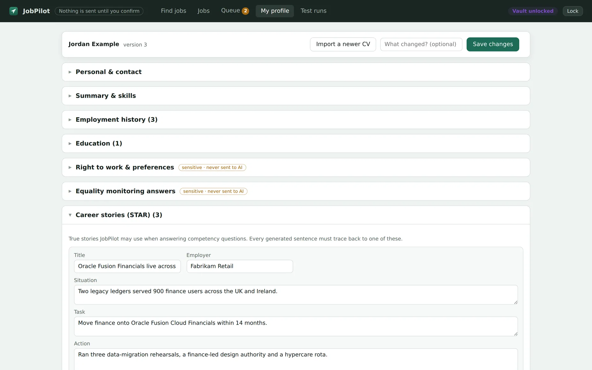 Profile editor with collapsible sections, sensitive sections labelled never sent to AI, and a STAR story being edited