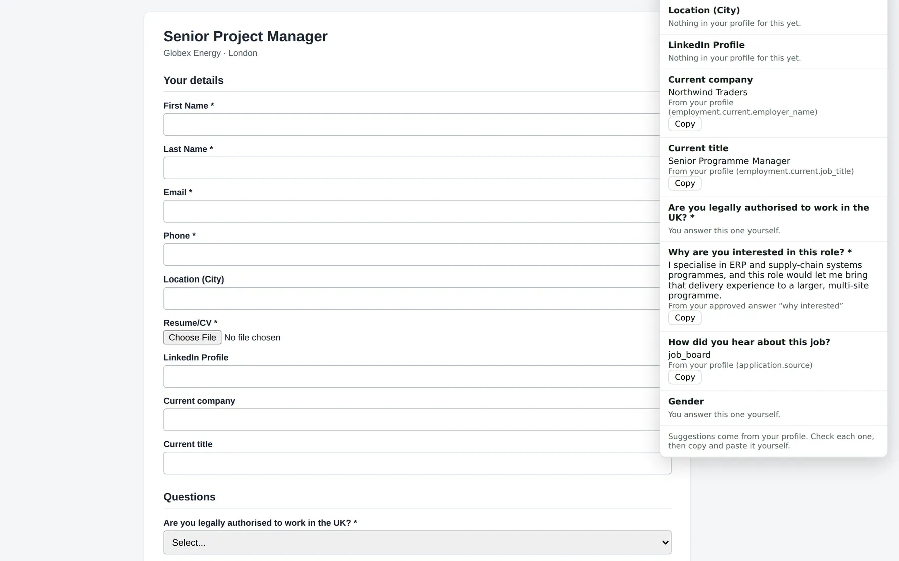 Chrome extension copy-assist panel beside an empty application form, listing suggested answers with Copy buttons