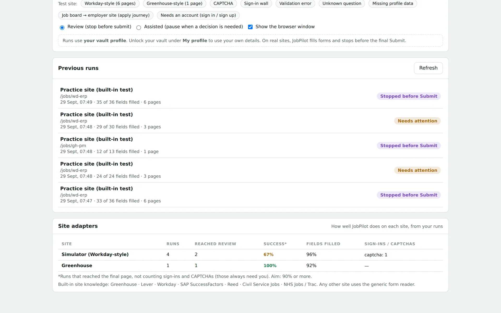 Test runs screen with practice-site scenarios, previous runs and their outcomes, and a site adapter health table