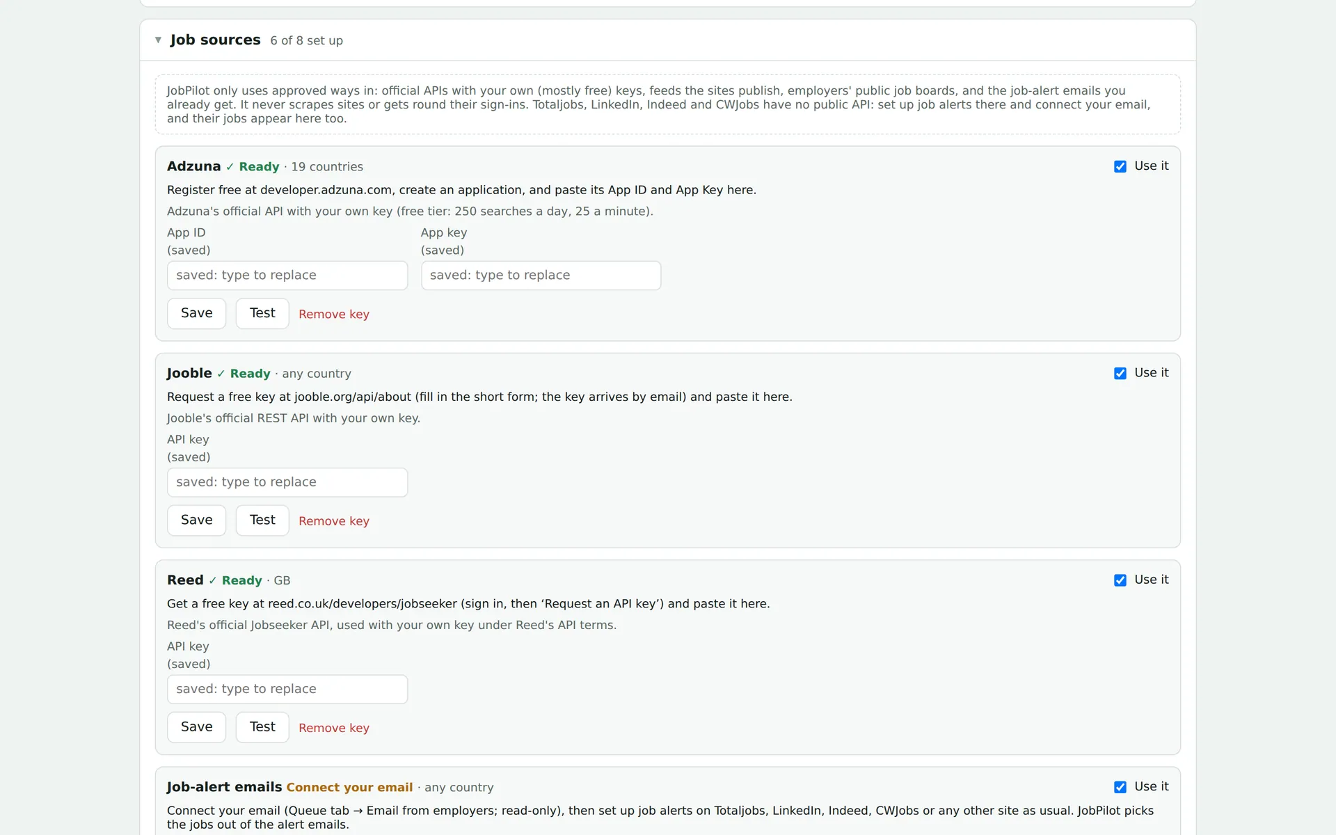 Job source settings for Adzuna, Jooble and Reed with saved keys hidden and test buttons