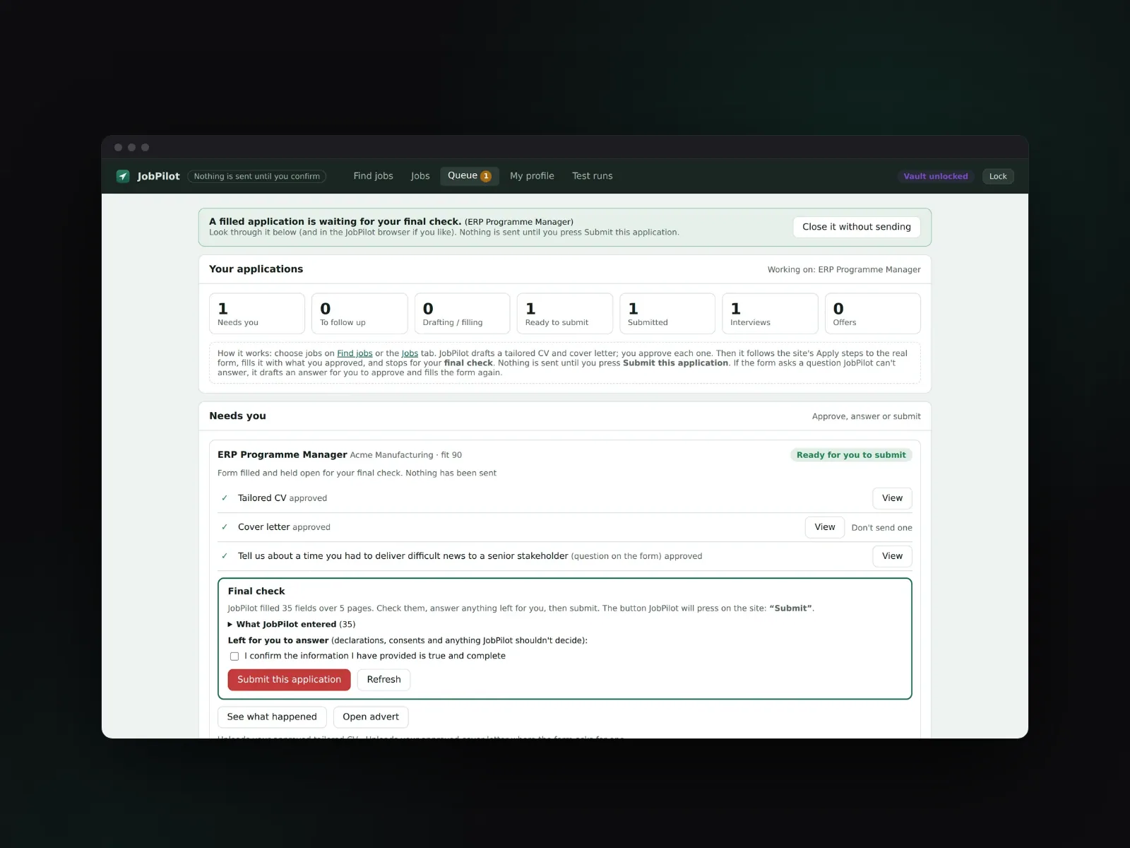 JobPilot desktop console showing a filled application waiting for the candidate's final check, with a declaration left for the candidate to answer