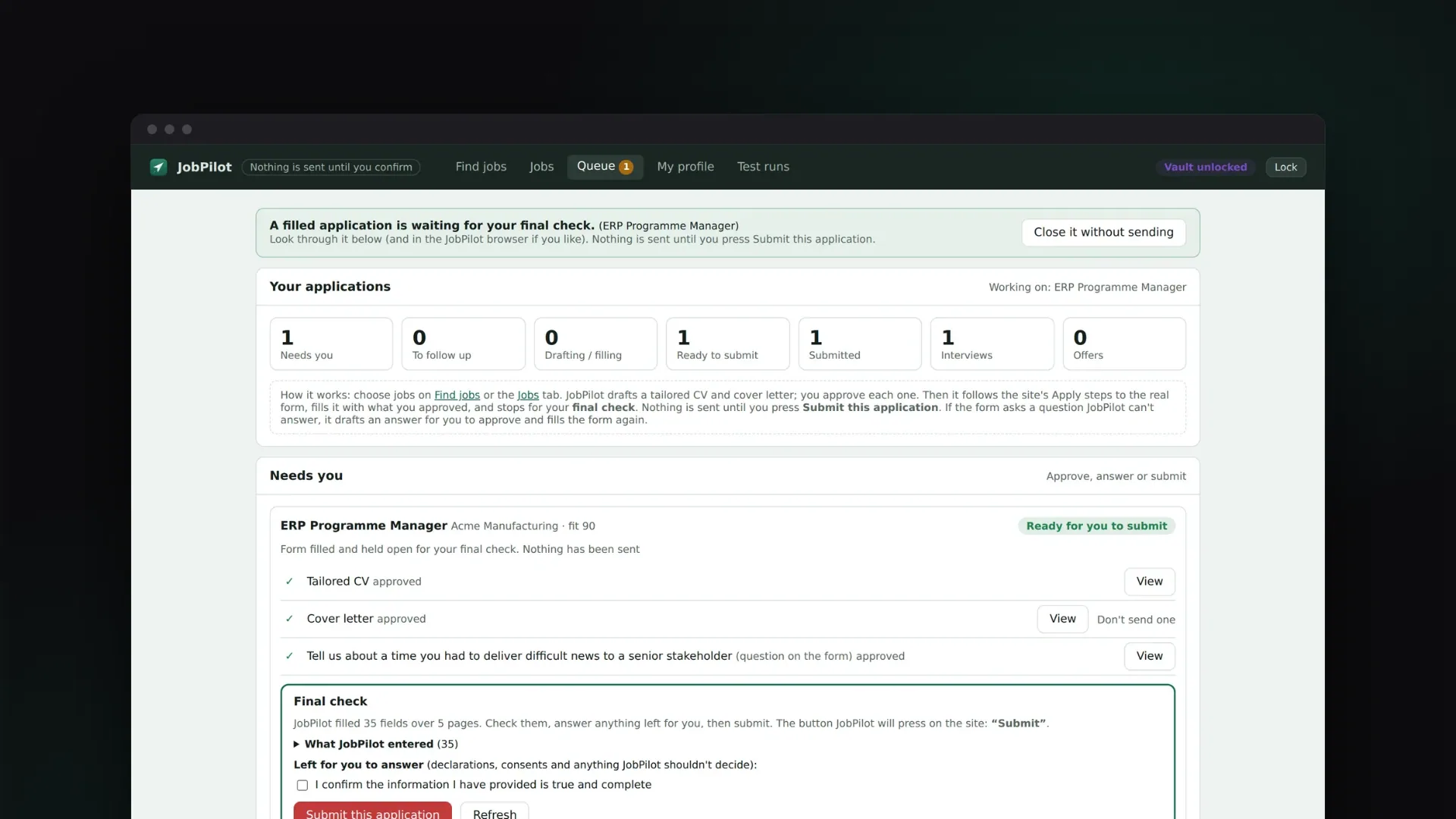 JobPilot queue with a fictional ERP Programme Manager application filled and held open for the final check before anything is submitted