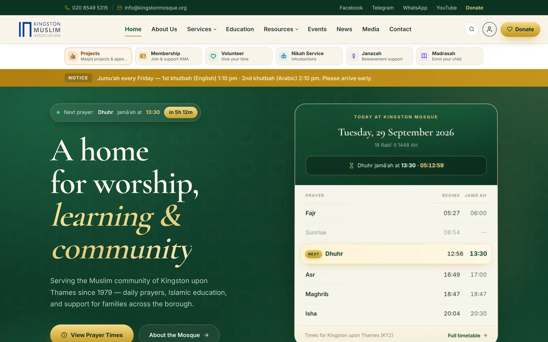 Kingston Mosque home page with today's prayer times and a next-prayer countdown