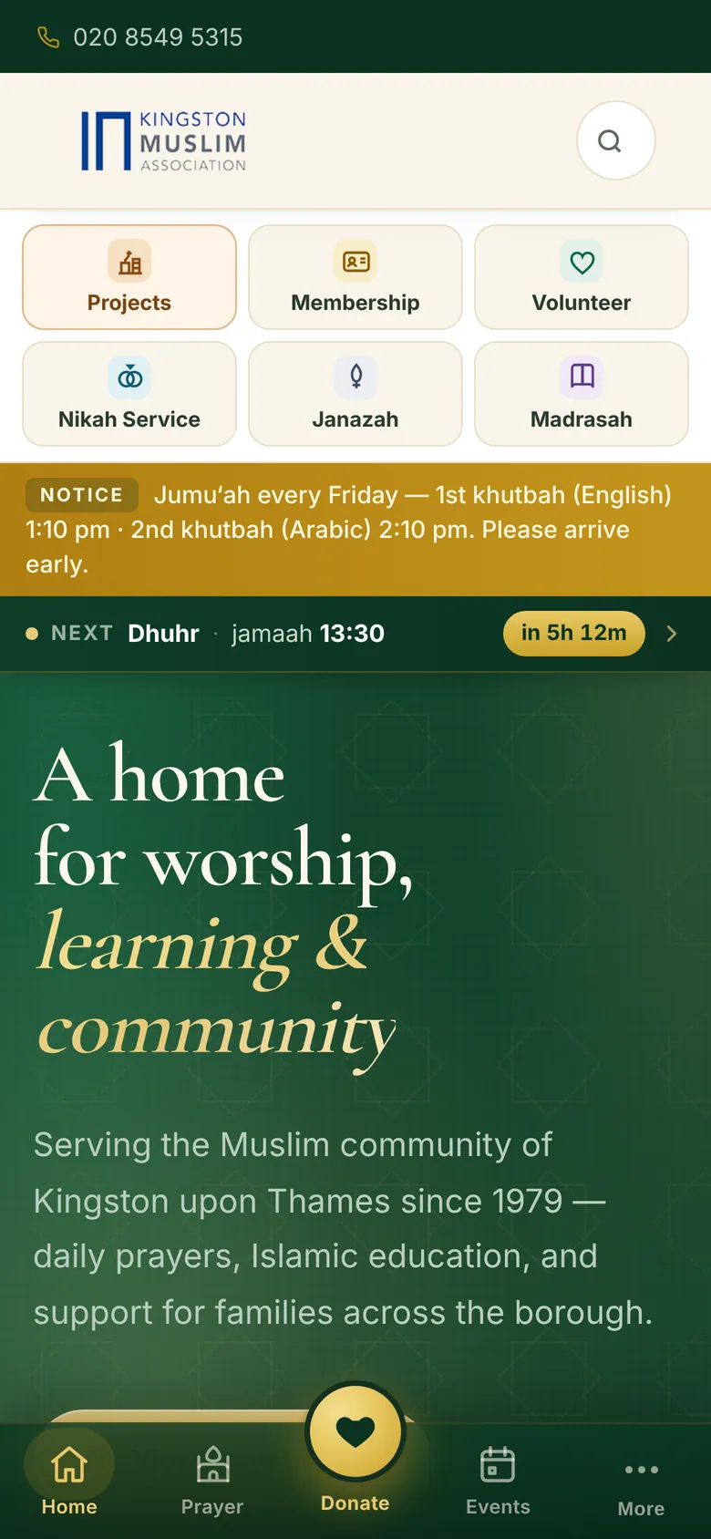Kingston Mosque website on a phone with service tiles, notice bar and app-style tab bar