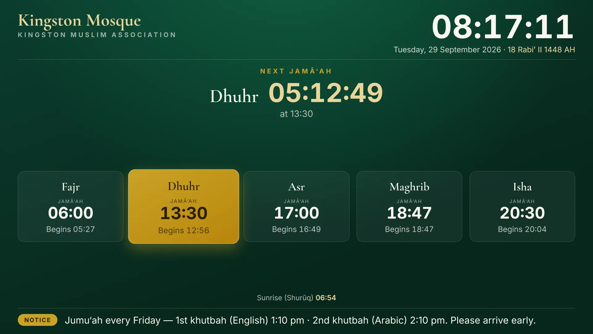 Full-screen prayer board for a TV showing the clock, next jamā'ah countdown and five prayer times