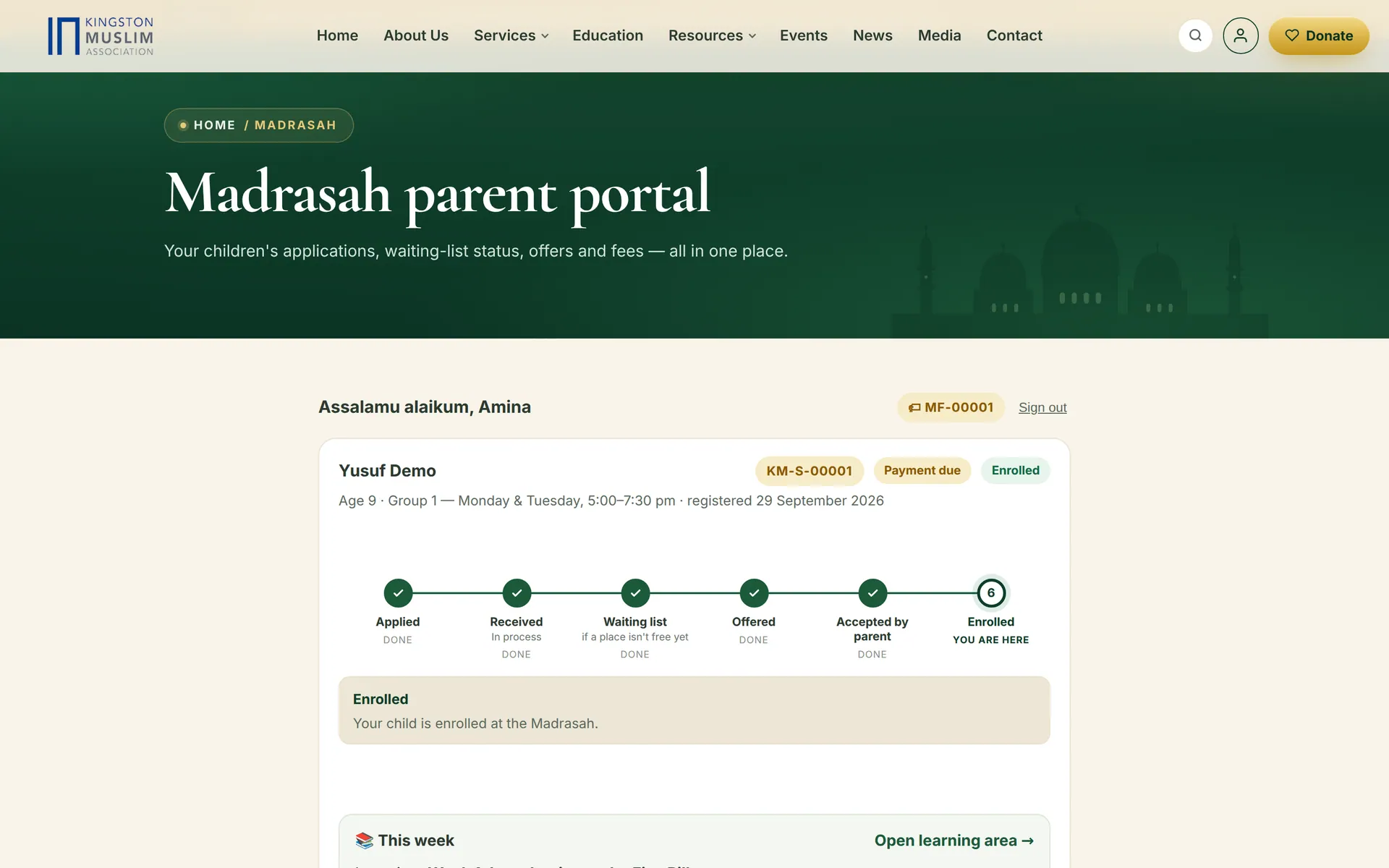 Madrasah parent portal showing a child's application journey from applied to enrolled