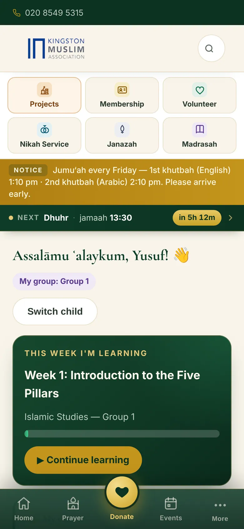 Student learning area on a phone showing this week's lesson and a continue learning button