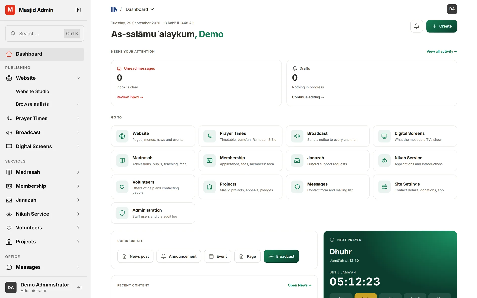 Masjid Admin dashboard with greeting, attention cards, Go to tiles and next-prayer panel