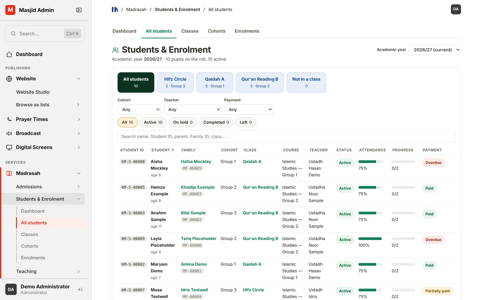 Students and Enrolment workspace listing pupils with class, teacher, attendance and payment status