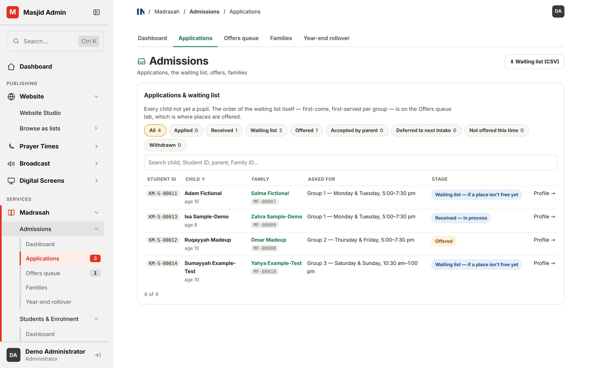Admissions applications list filtered by stage, from applied to withdrawn
