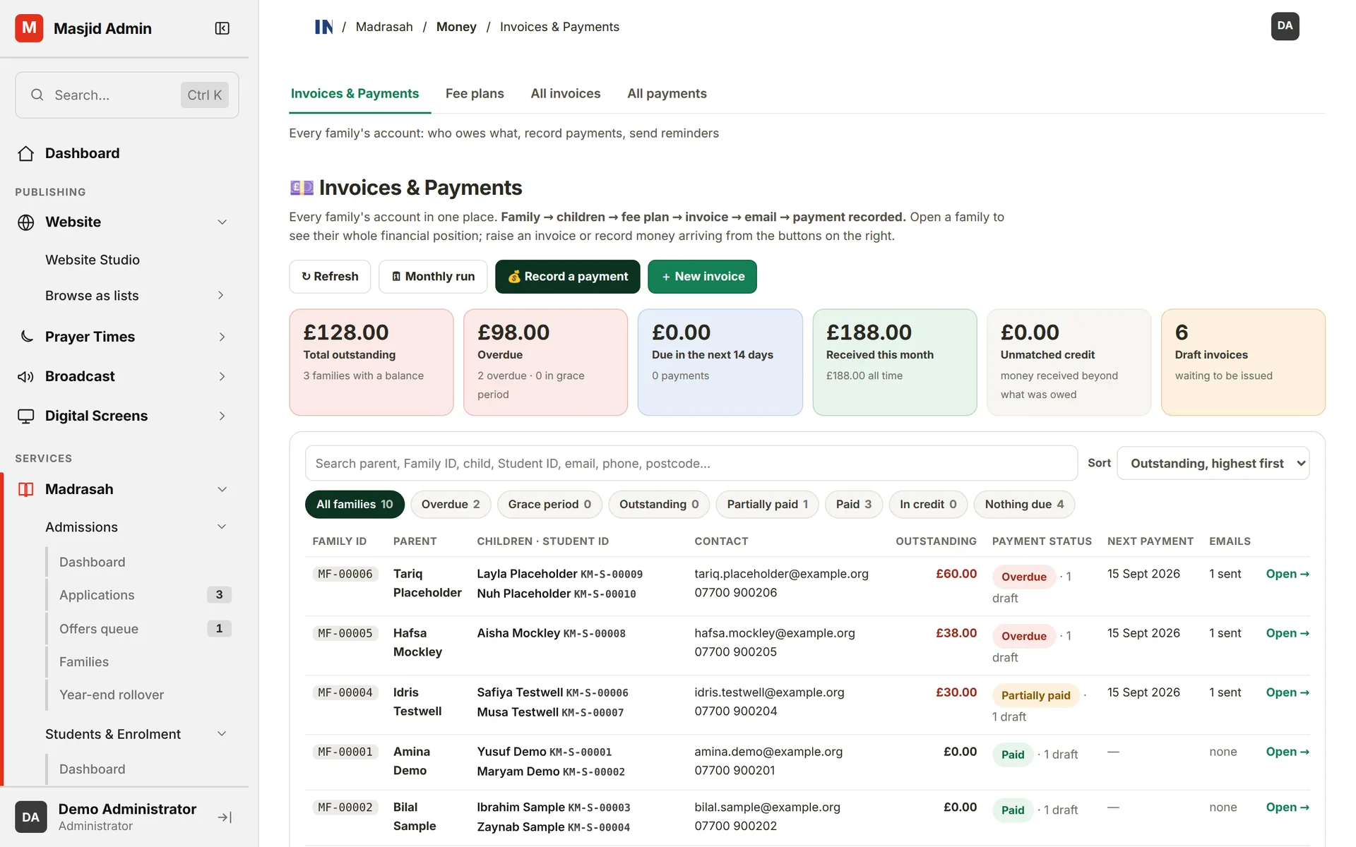 Invoices and Payments workspace with outstanding, overdue and received totals and a family list