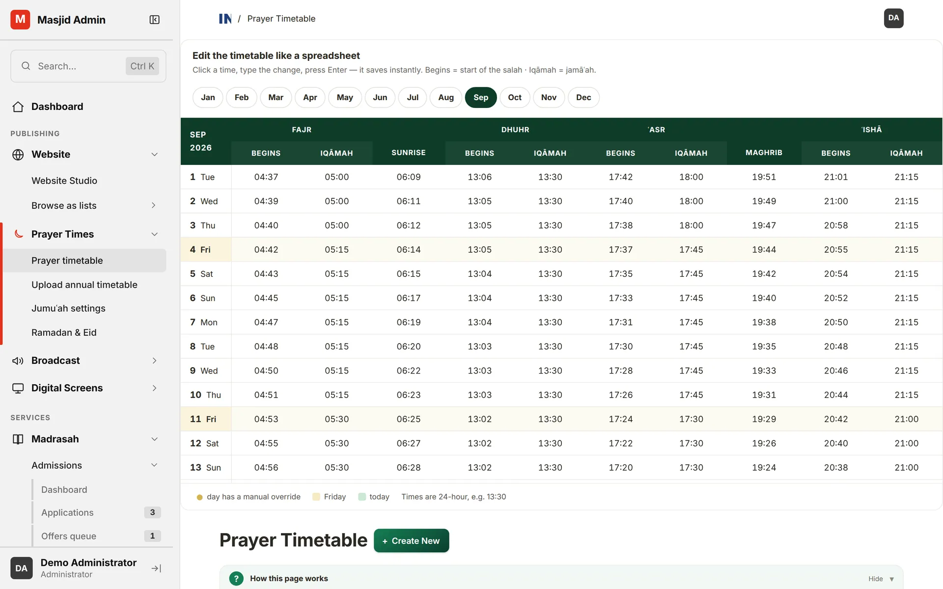 Spreadsheet-style prayer timetable editor for September with begin and iqāmah columns
