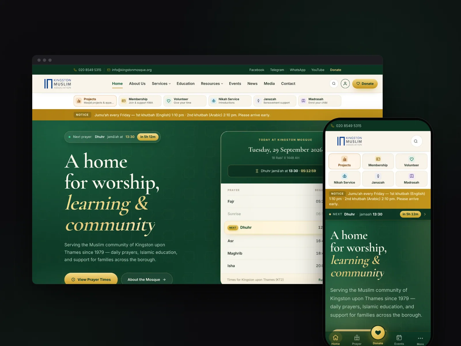Kingston Mosque website on desktop and phone, showing today's prayer times and the next-prayer countdown