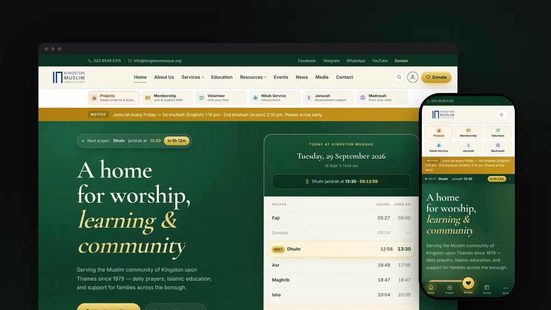 Kingston Mosque home page with the live prayer-times card beside the same page on a phone