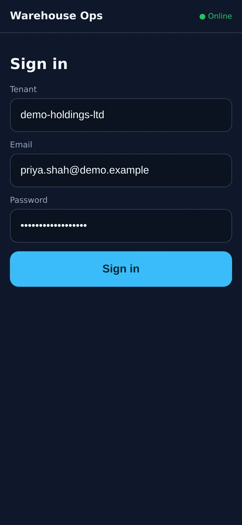 Warehouse Ops mobile sign-in screen with tenant, email and password fields and an online indicator