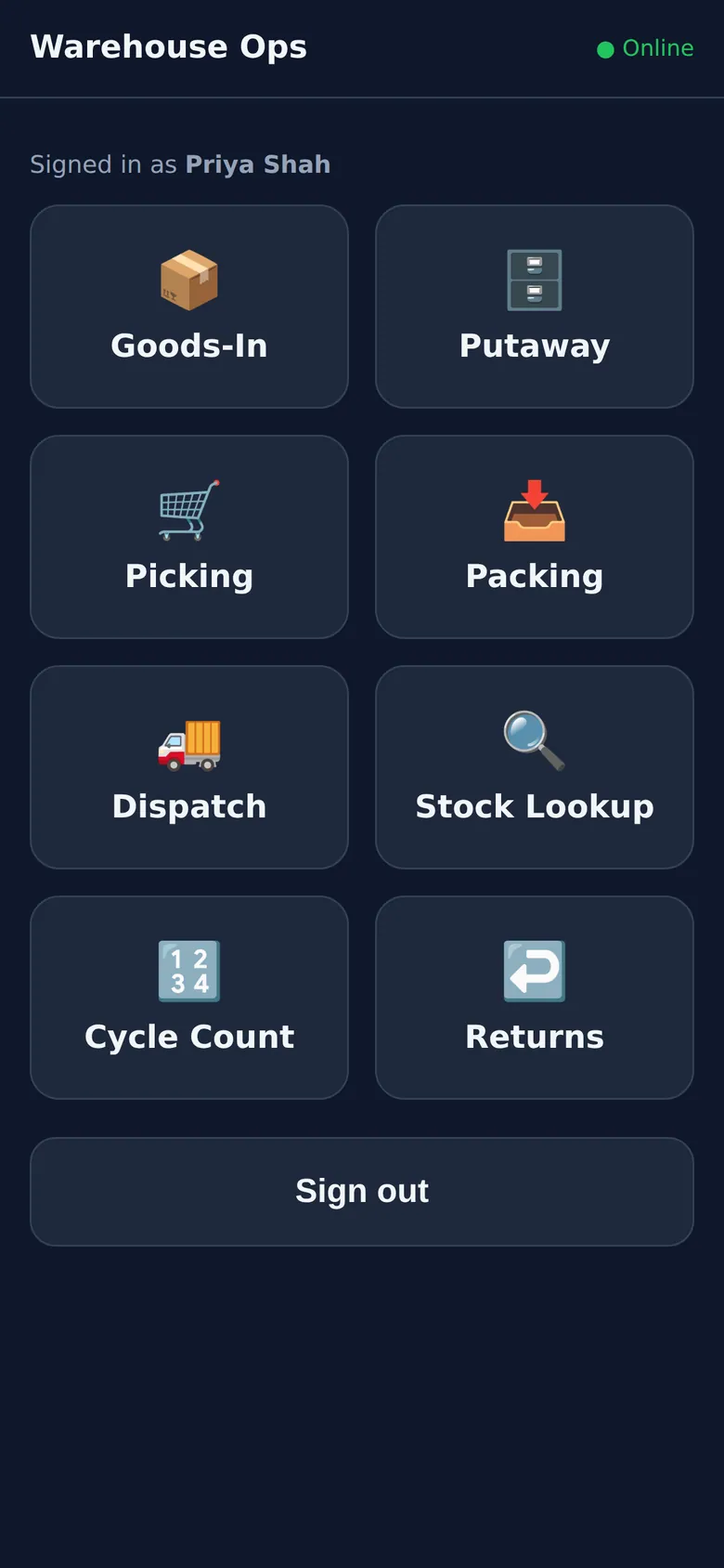 Mobile task hub with large tiles for goods-in, putaway, picking, packing, dispatch, stock lookup, cycle count and returns