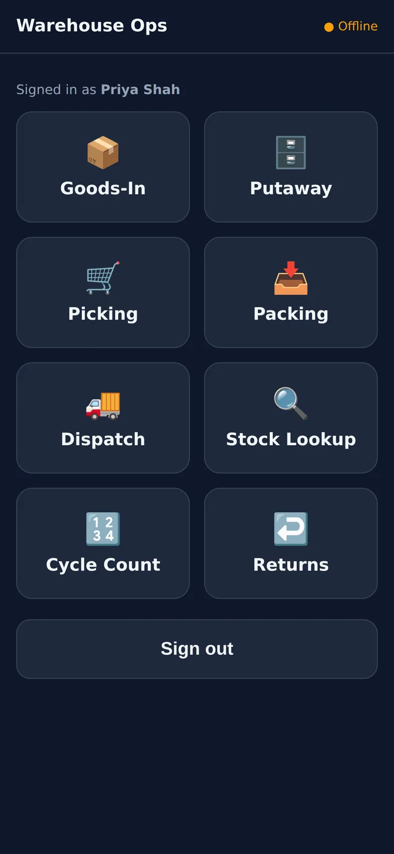 Mobile task hub showing an amber Offline status in the header after the connection drops