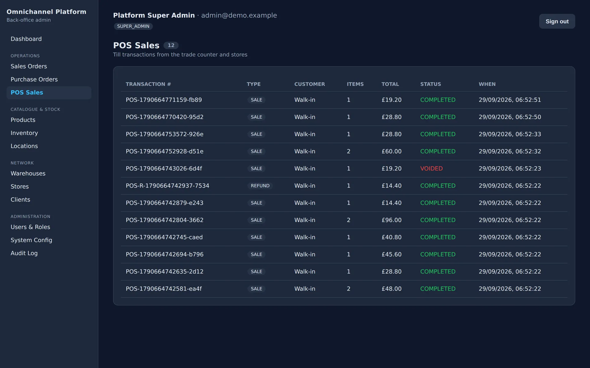 POS sales table with completed sales, a refund and a voided sale with totals in pounds