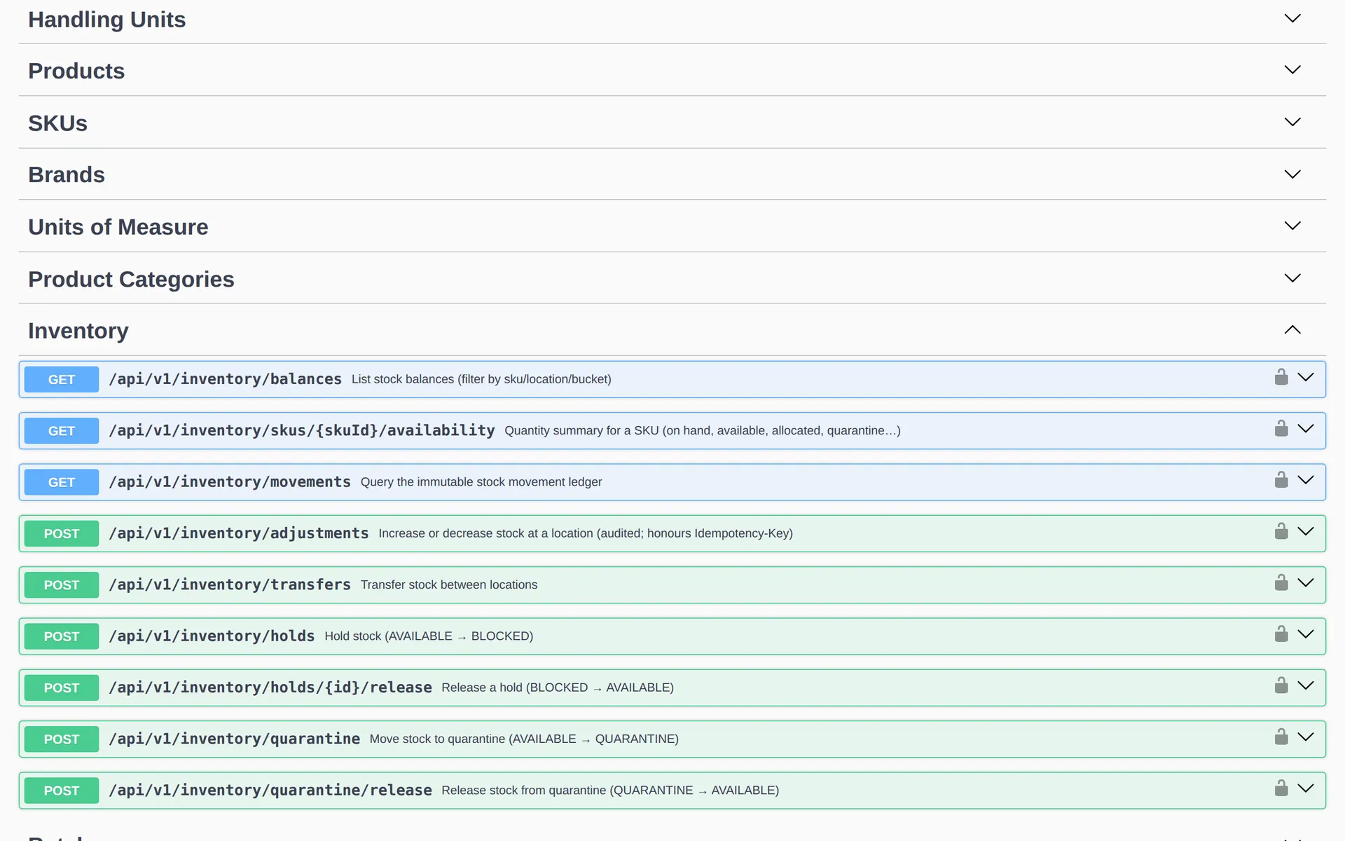 Interactive OpenAPI reference showing the inventory endpoints for balances, movements, adjustments, transfers, holds and quarantine