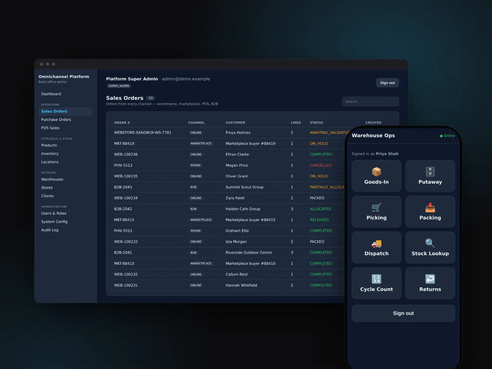 The platform's back-office sales order list shown in a browser window alongside the warehouse app's task hub on a phone