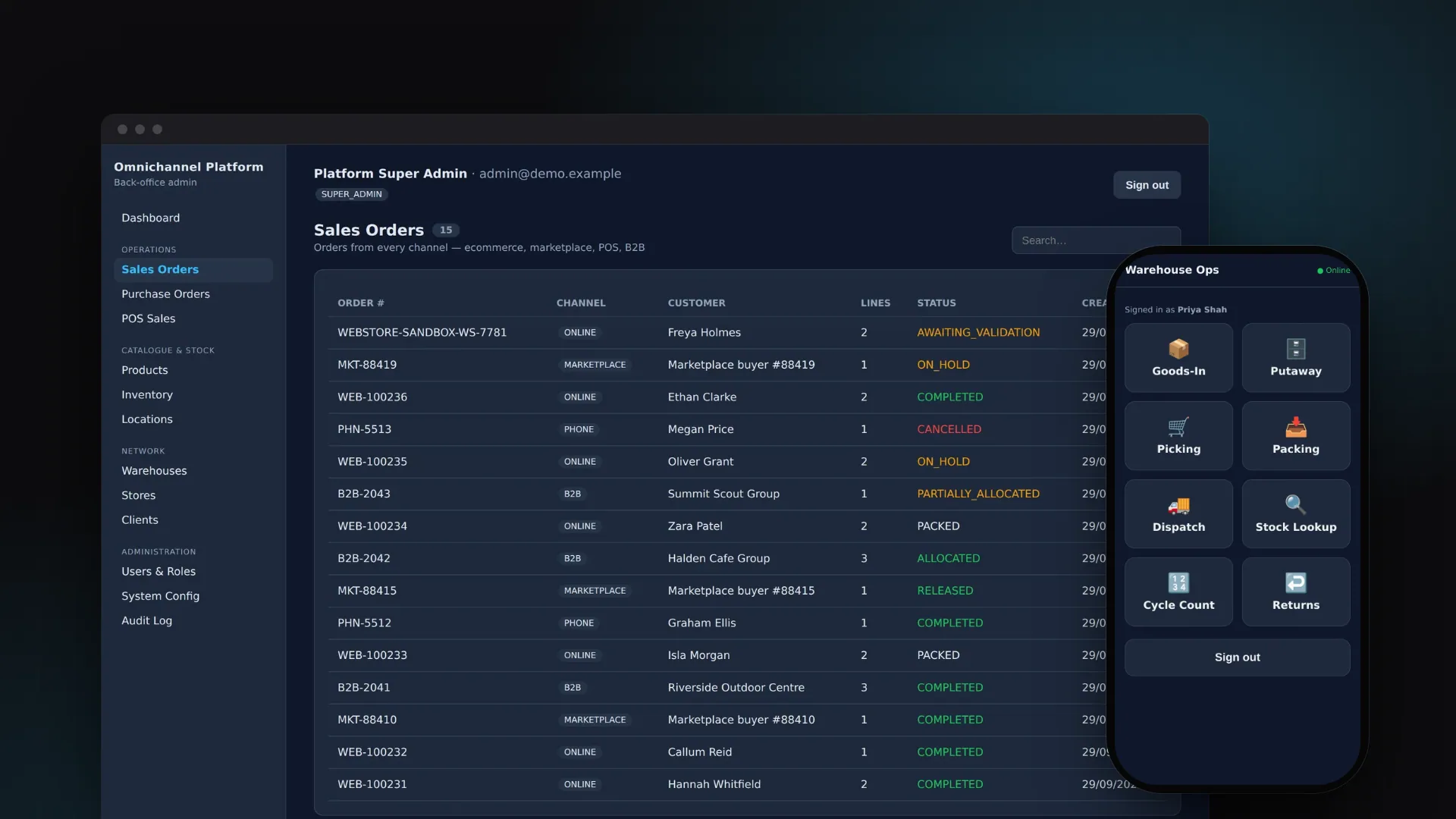 Back-office console listing orders from webstore, marketplace, B2B and phone channels, next to the mobile warehouse app