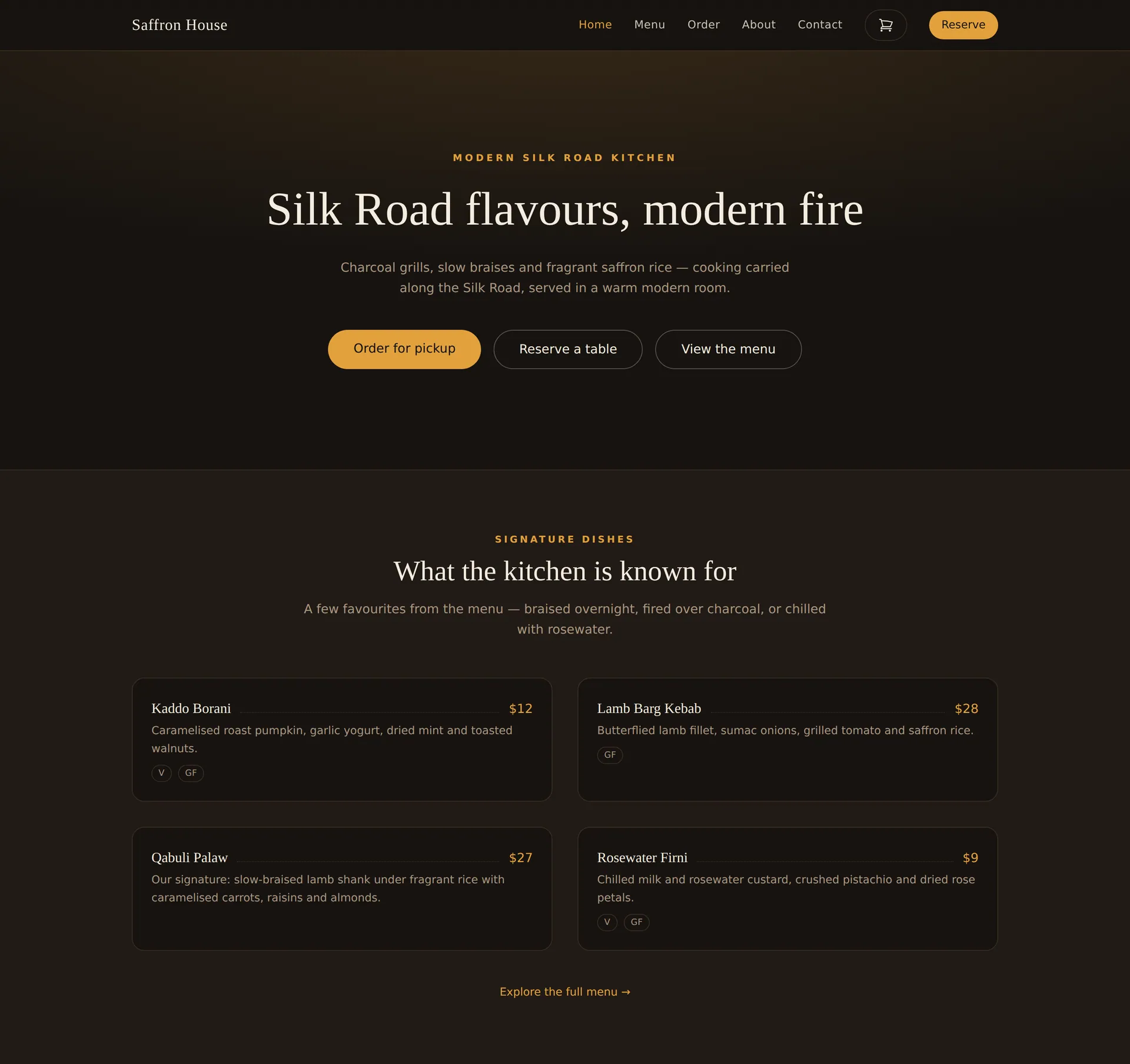 Saffron House home page with the headline Silk Road flavours, modern fire, buttons to order for pickup, reserve a table or view the menu, and four signature dish cards