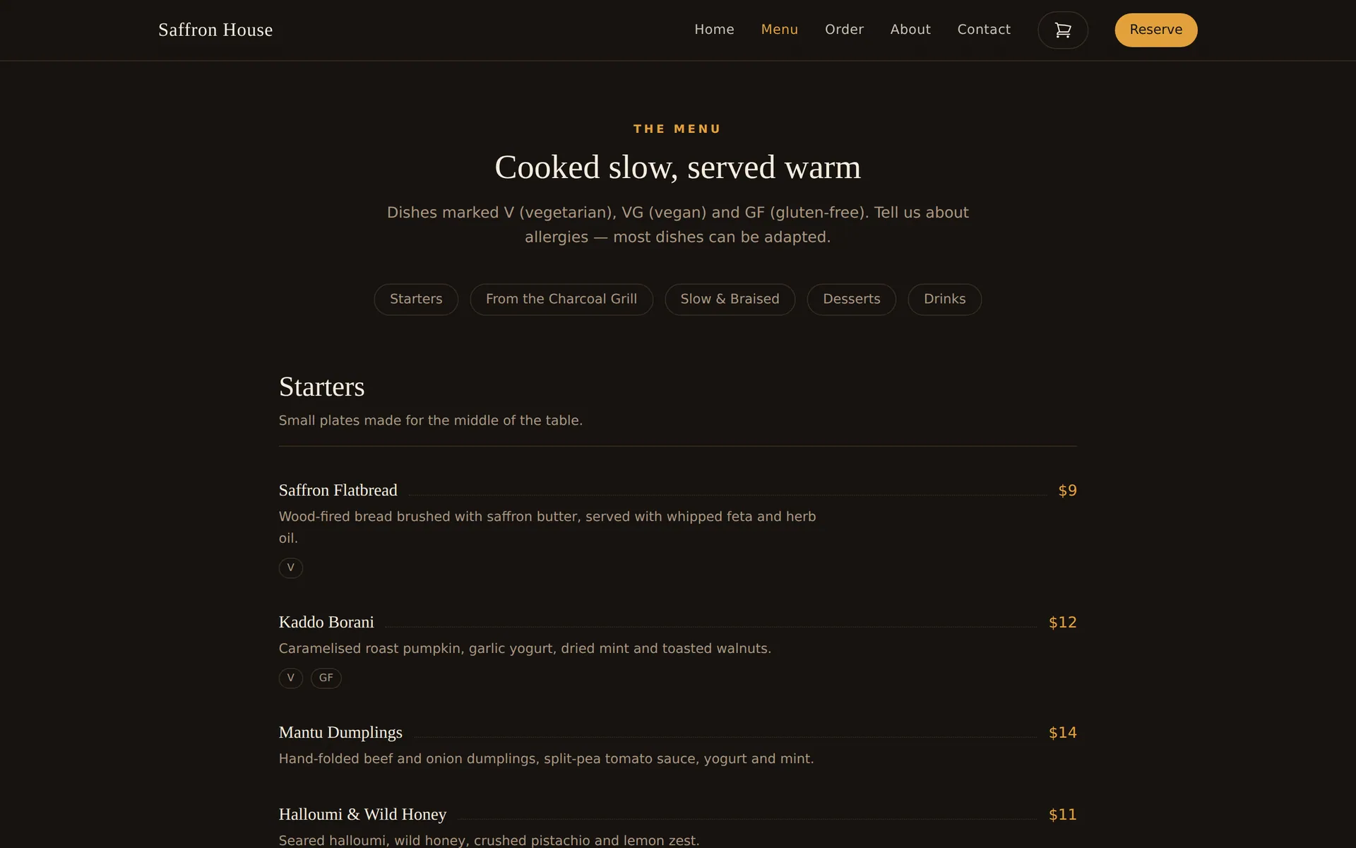 Menu page headed Cooked slow, served warm, with section buttons and starters listed with prices and V and GF dietary tags