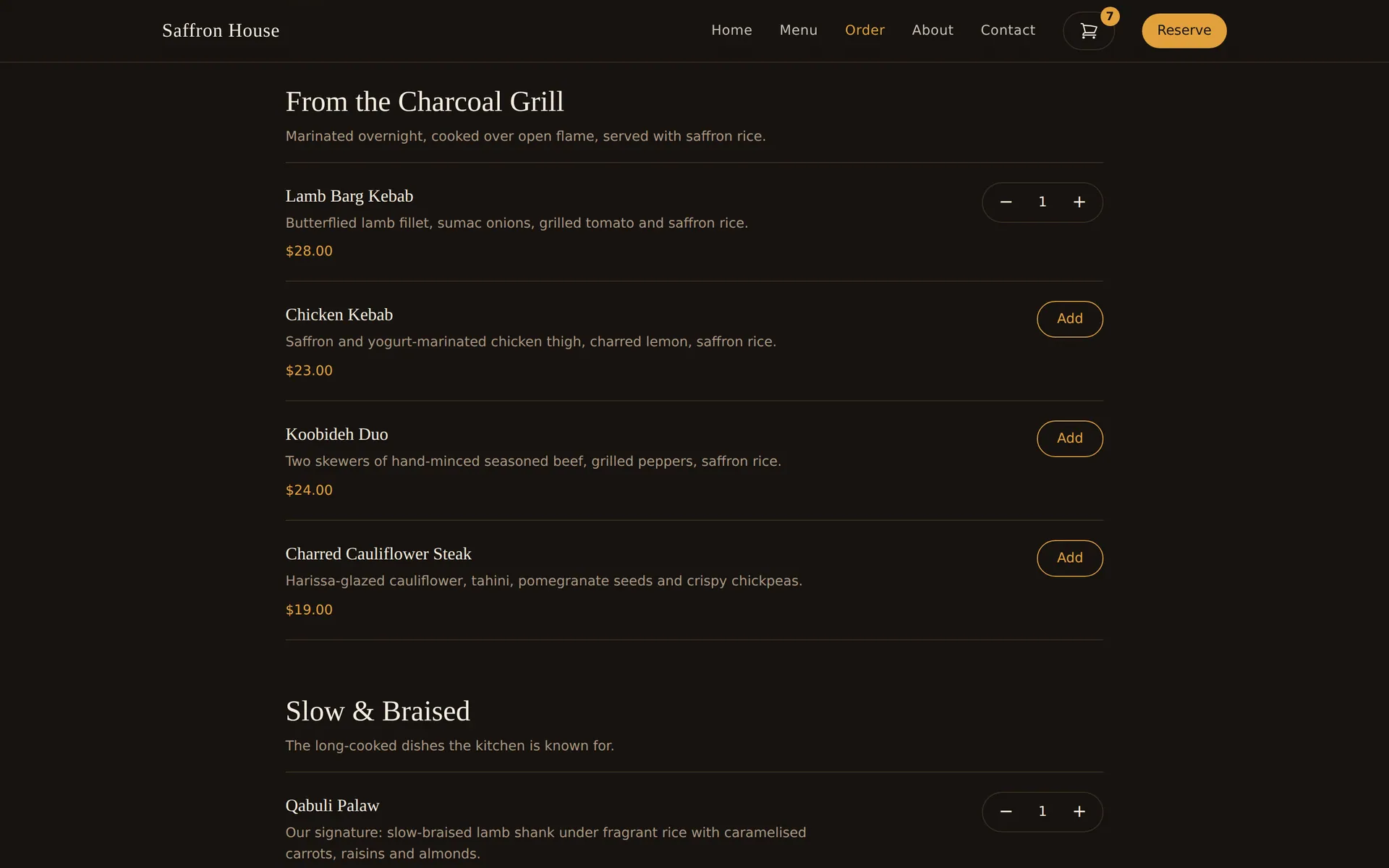 Order online page showing charcoal grill dishes with Add buttons and quantity steppers, and a cart badge showing 7 items in the header