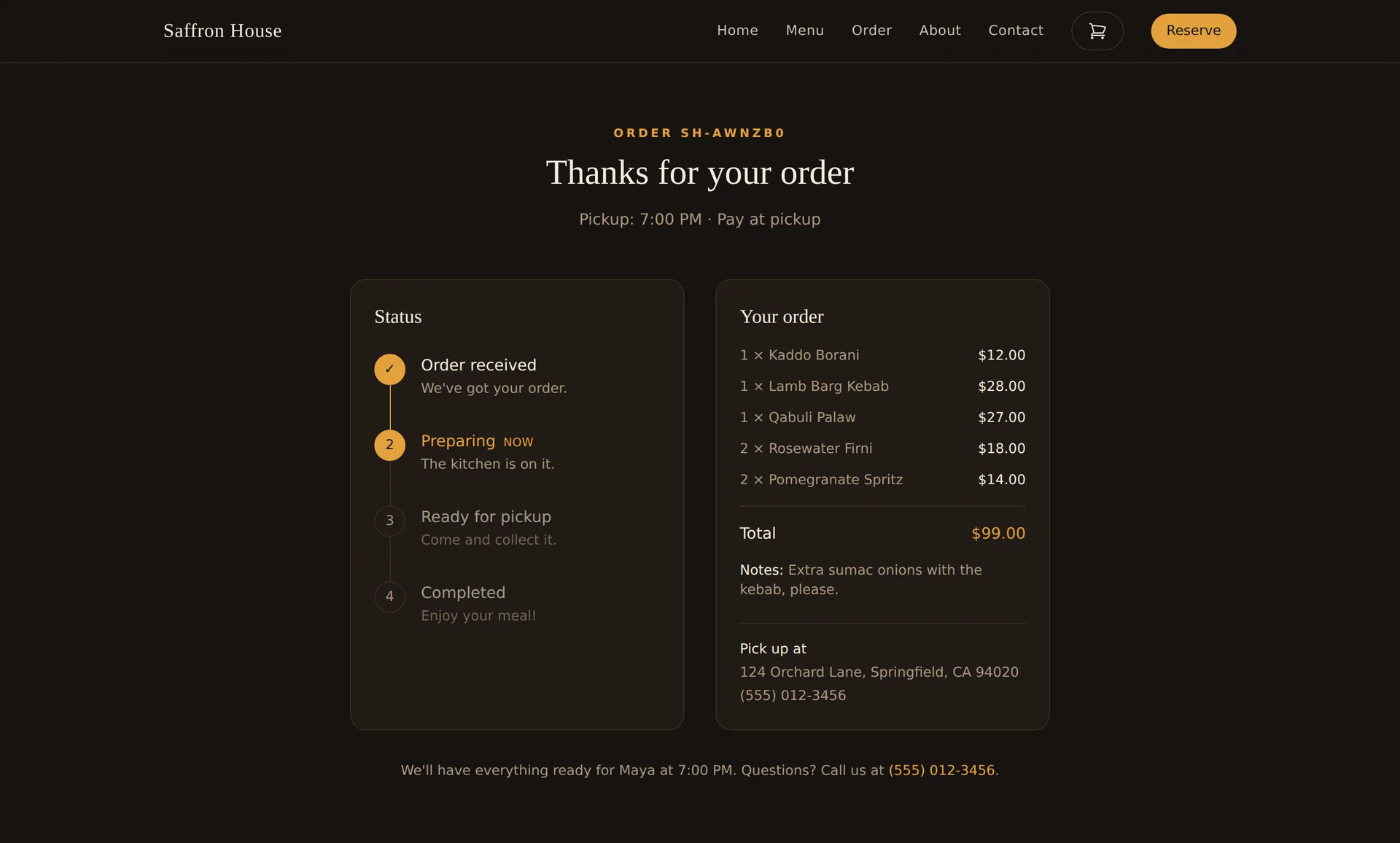 Order SH-AWNZB0 confirmation page with a status timeline showing Order received ticked and Preparing marked now, next to the itemised order and pickup address