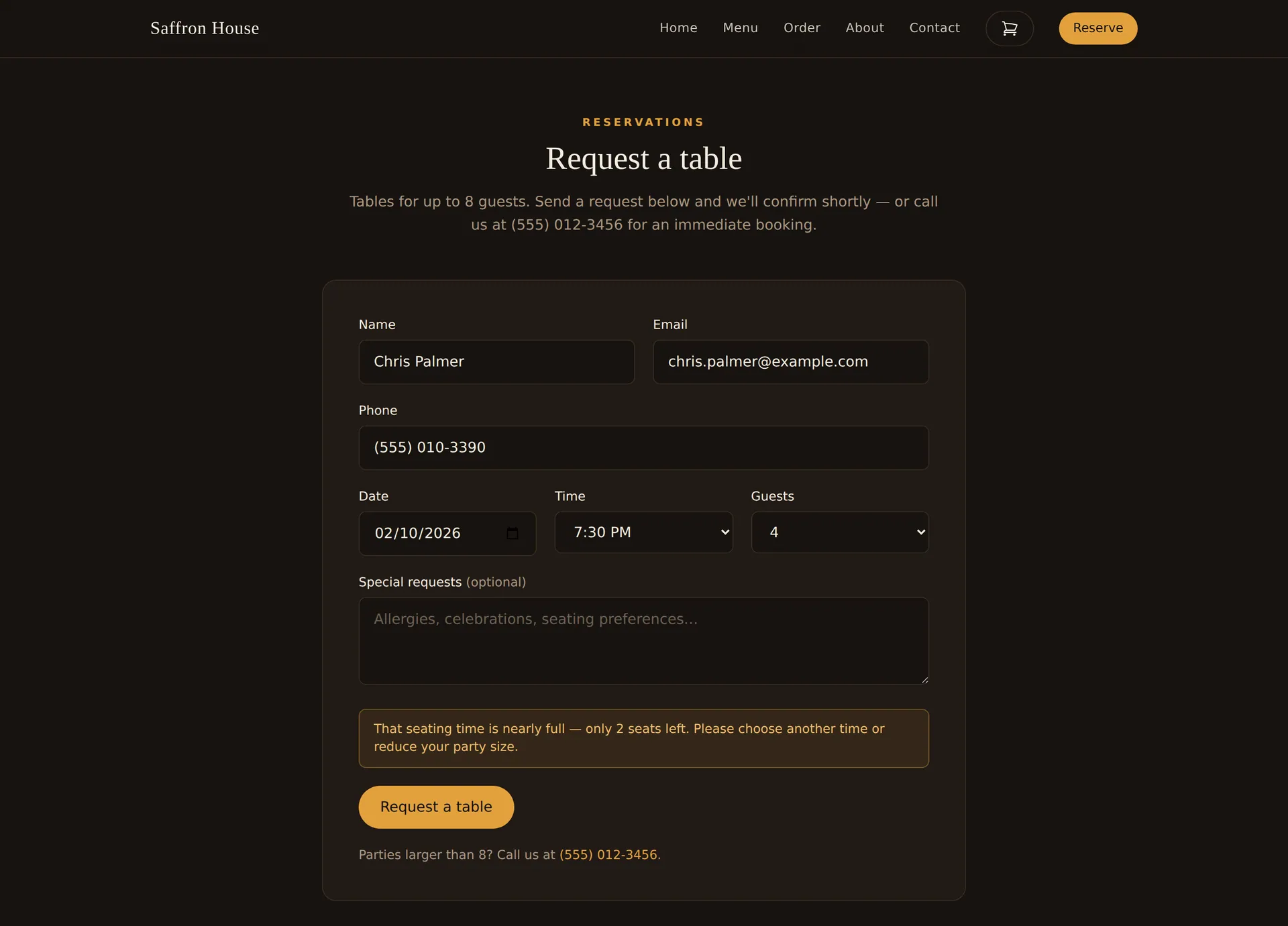 Request a table form for a party of 4 at 7:30 PM on 2 October 2026, with a message saying the seating time is nearly full and only 2 seats are left