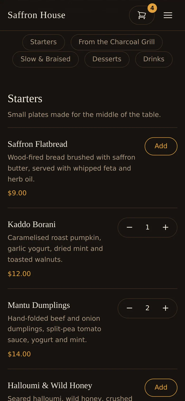 Mobile view of the order page with wrapped section buttons, starters with Add buttons and quantity steppers, and a cart badge showing 4