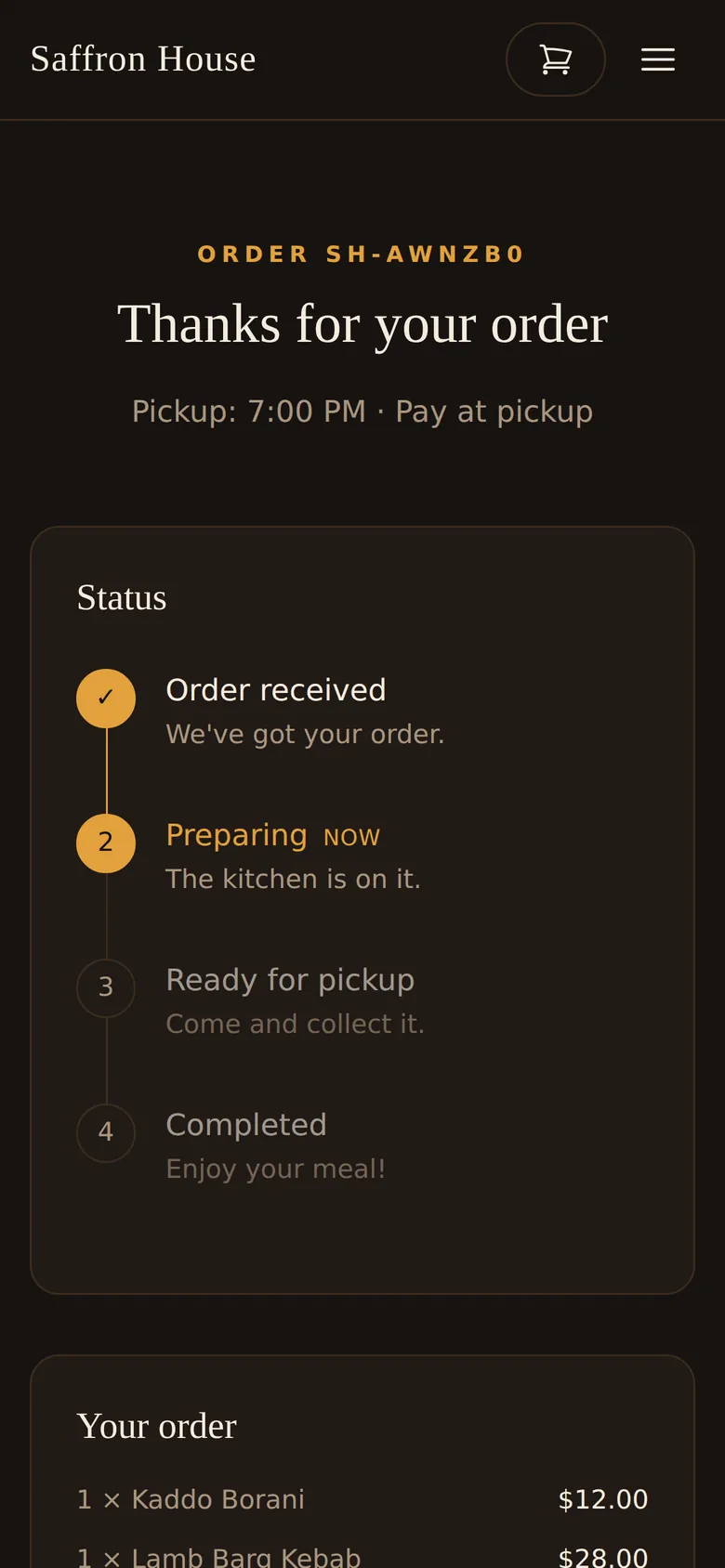 Mobile order status page for order SH-AWNZB0 with the Preparing step highlighted in a vertical timeline