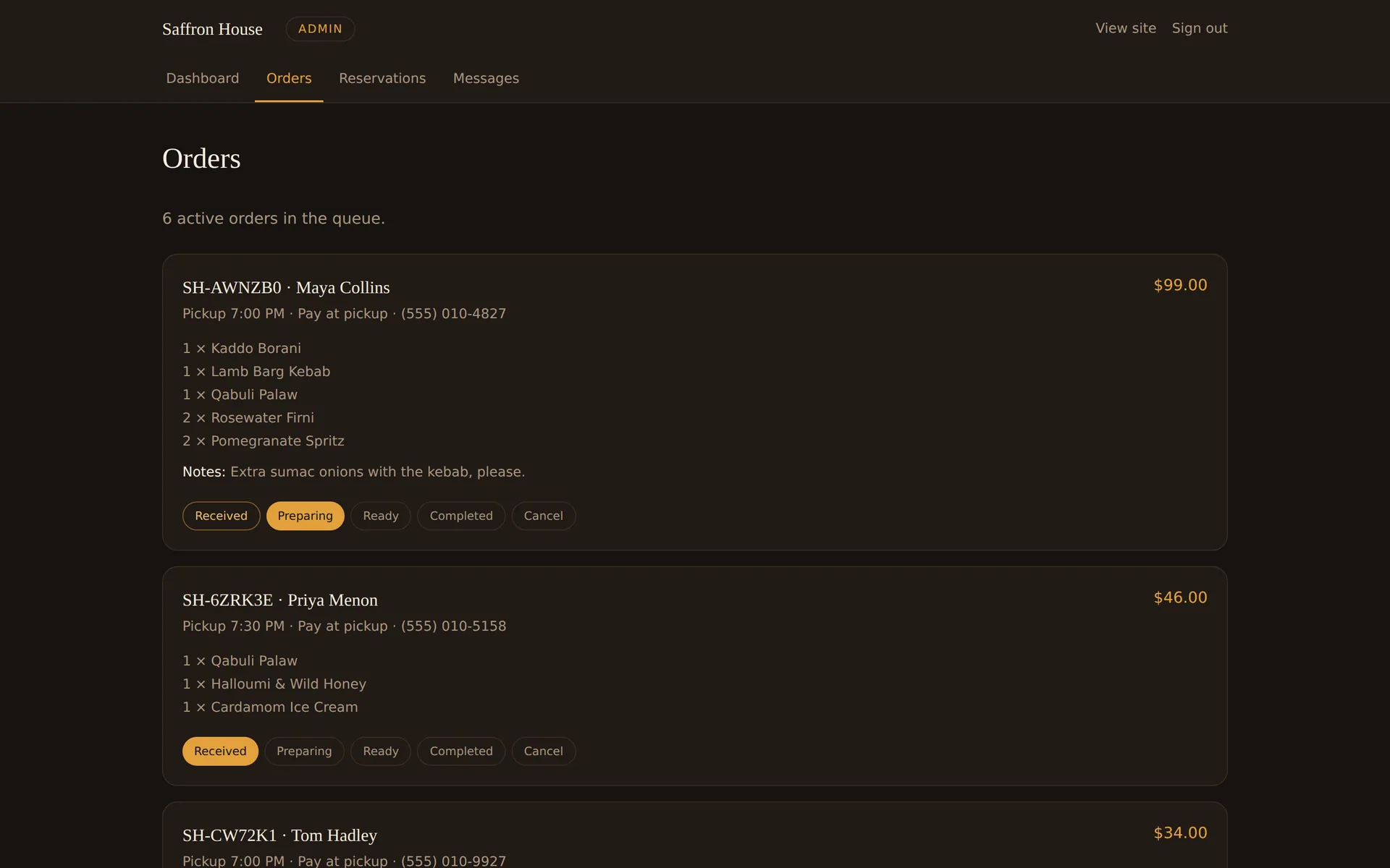 Admin order queue showing order SH-AWNZB0 with its items, a note, and status buttons Received, Preparing (selected), Ready, Completed and Cancel