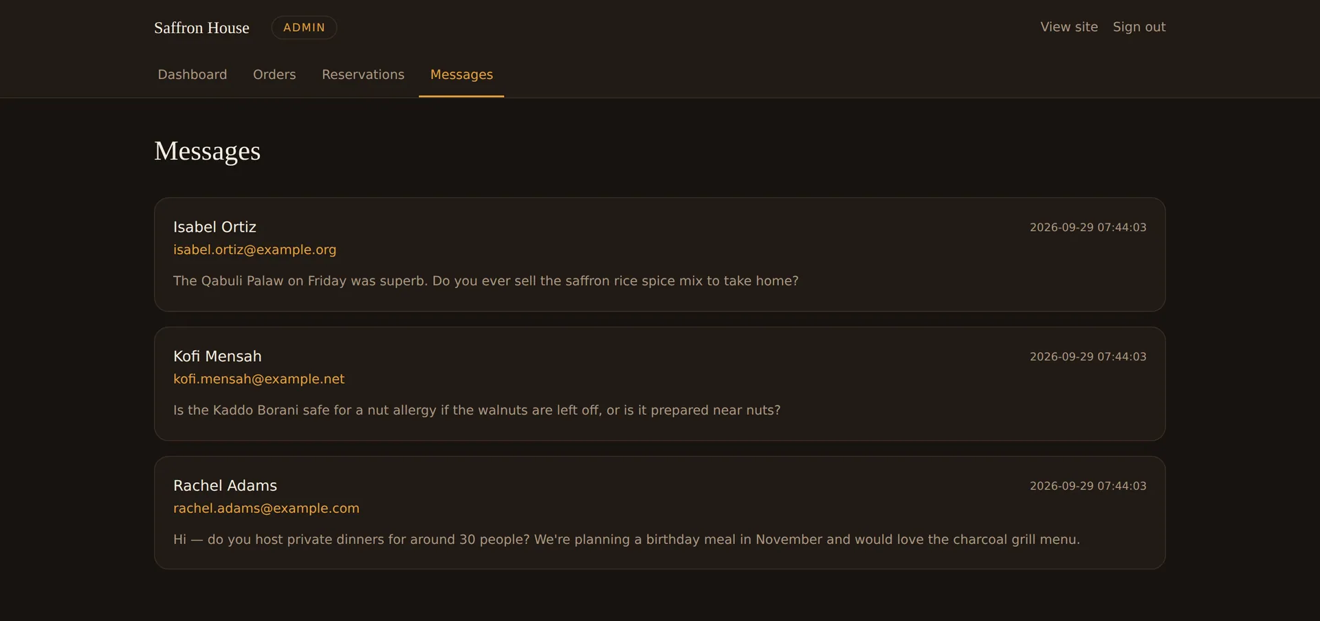 Admin messages inbox with three contact form messages, each showing the sender's name, email link, timestamp and message