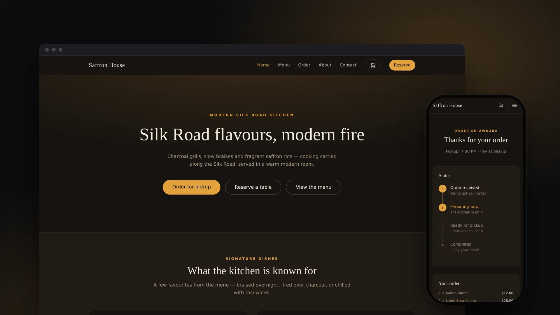 Saffron House home page headline Silk Road flavours, modern fire with order, reserve and menu buttons, next to a phone showing a pickup order being prepared