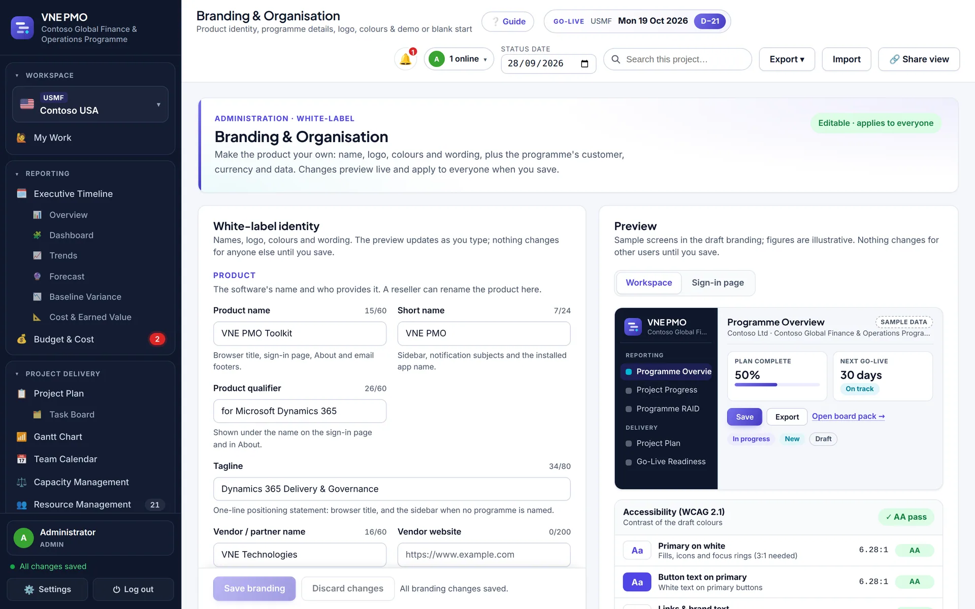 Branding and Organisation admin page with white-label identity fields, a live preview and a WCAG contrast check