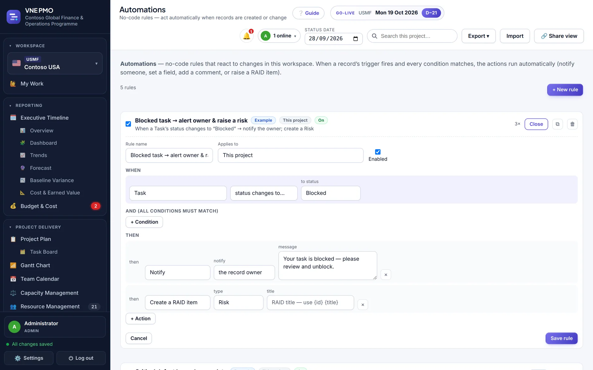 Automation rule editor with a trigger, conditions and actions to notify the owner and raise a risk