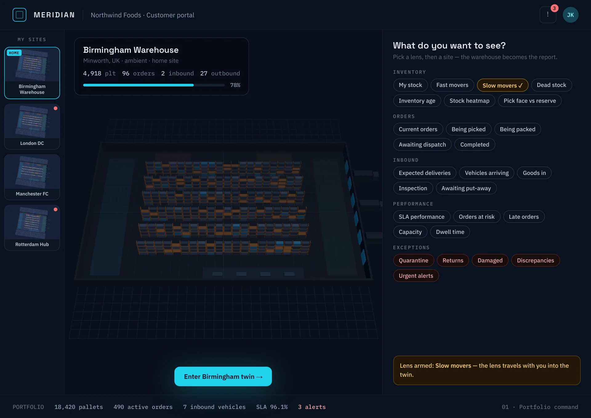 Meridian customer portal design with a sites rail, a Birmingham warehouse summary card, a 3D warehouse and lens chips grouped by inventory, orders, inbound, performance and exceptions