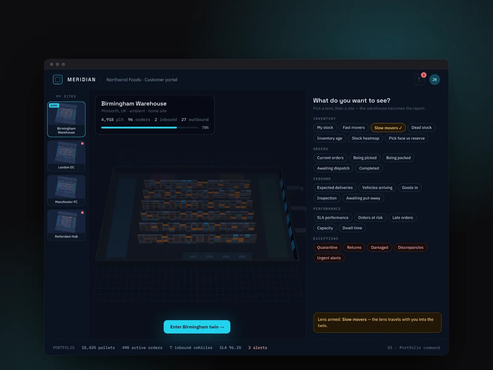 Meridian customer portal design: a sites rail, a Birmingham warehouse summary and lens chips around a 3D model of the warehouse